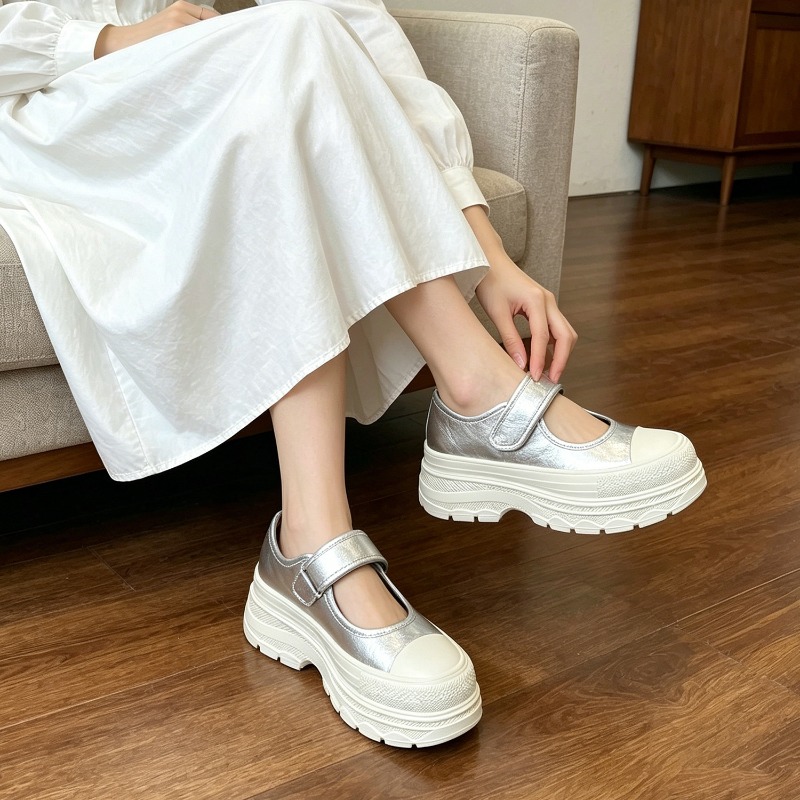 Velcro Strap Sandal - Damen-Klettverschluss-Mary-Jane-Schuhe 2026 Neu Denim/Silber/Weiß Dicke Sohle