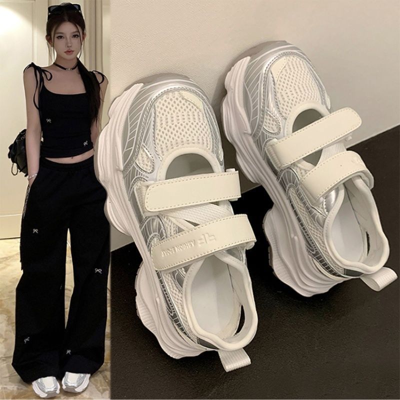 Velcro Strap Sandal - Metallisch silberne, ausgehöhlte Plateau-Sandalen für Damen,