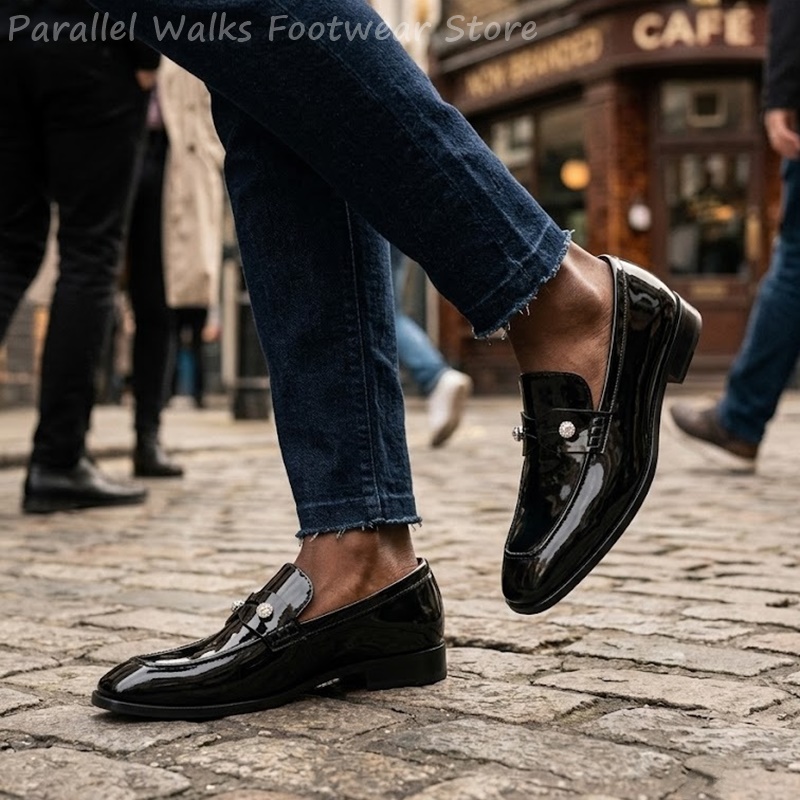 Men'S Shoes Smart - Herren Schwarze Lackleder-Imitat Strass-Loafer Slip-On Anzugschuhe