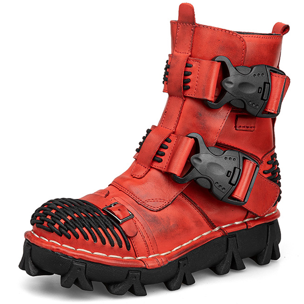 Men Shoes Red - Herren-Motorradstiefel aus echtem Leder, Gothic-Schädel-Schnallenriemen, Punk,